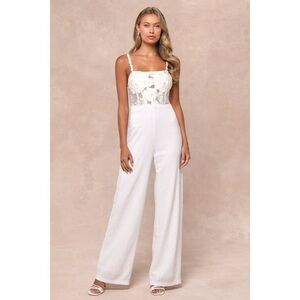 Lulus Everlasting Sparkle White Embroidered Sequin Bustier Jumpsuit - Size XS